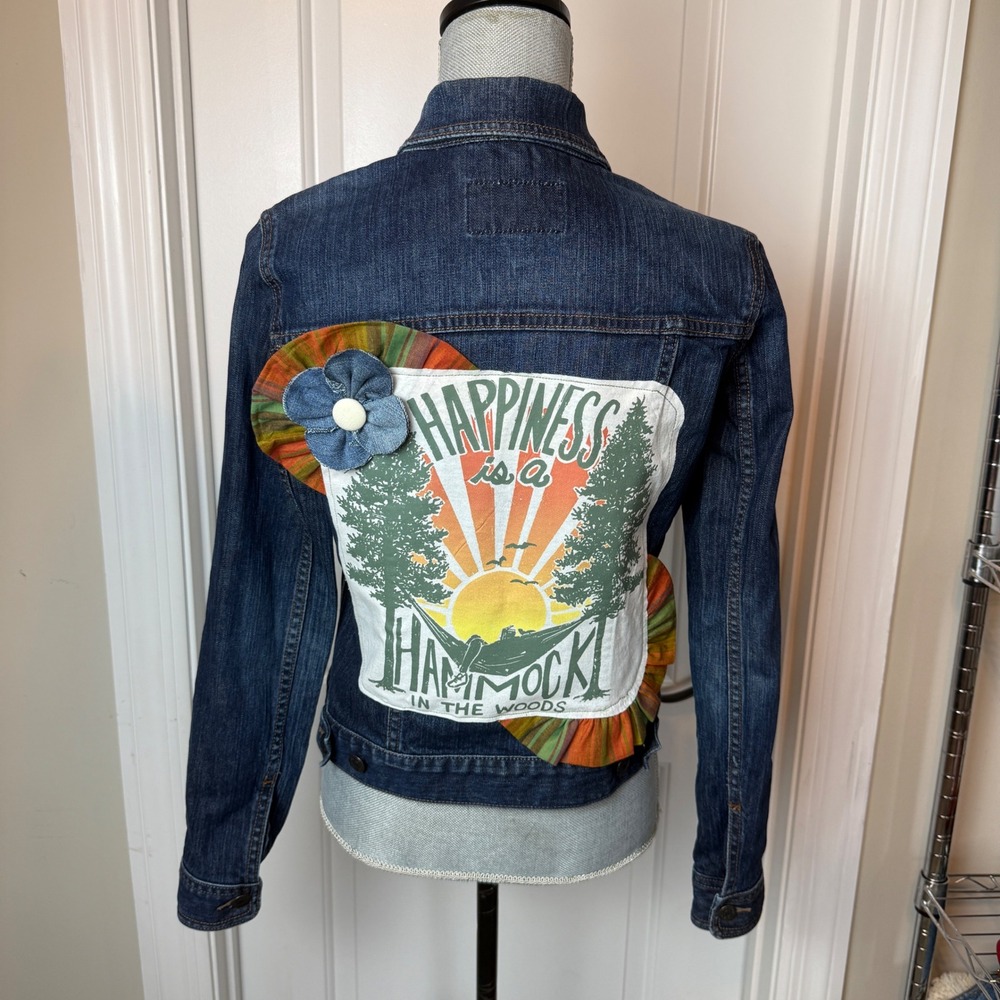 Custom Upcycled Denim Jacket Happiness is a Hammock Graphic Dark Wash XS/S